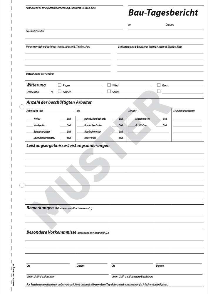 Tagesrapport-Block für das Baugewerbe
