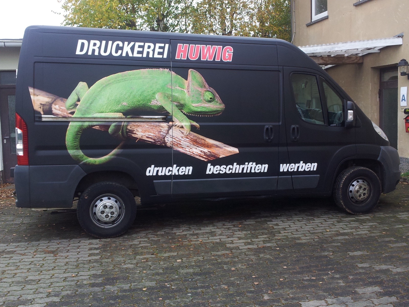 Firmenwagen der Druckerei Huwig mit Chamäleon-Motiv