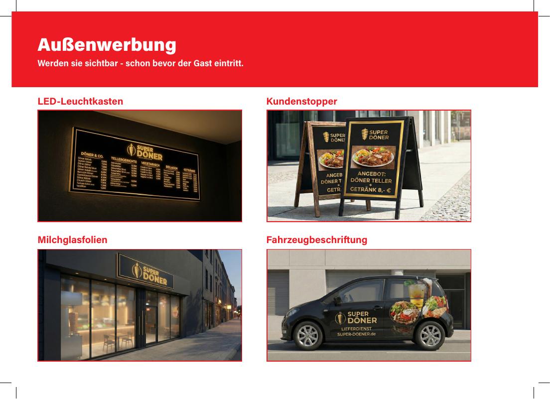 Außenwerbung für die Gastronomie: LED-Leuchtkasten, Kundenstopper, Milchglasfolien und Fahrzeugbeschriftung