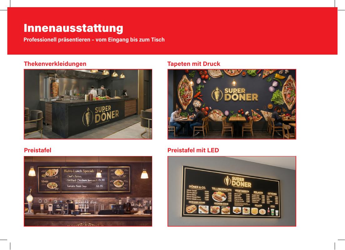 Innenausstattung: Thekenverkleidung, bedruckte Tapete und Preistafeln