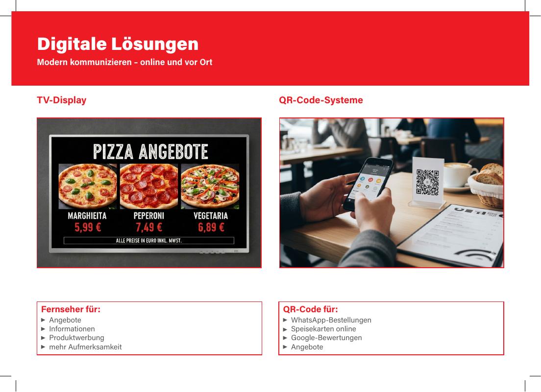 TV-Display mit Angeboten und QR-Code-System am Tisch